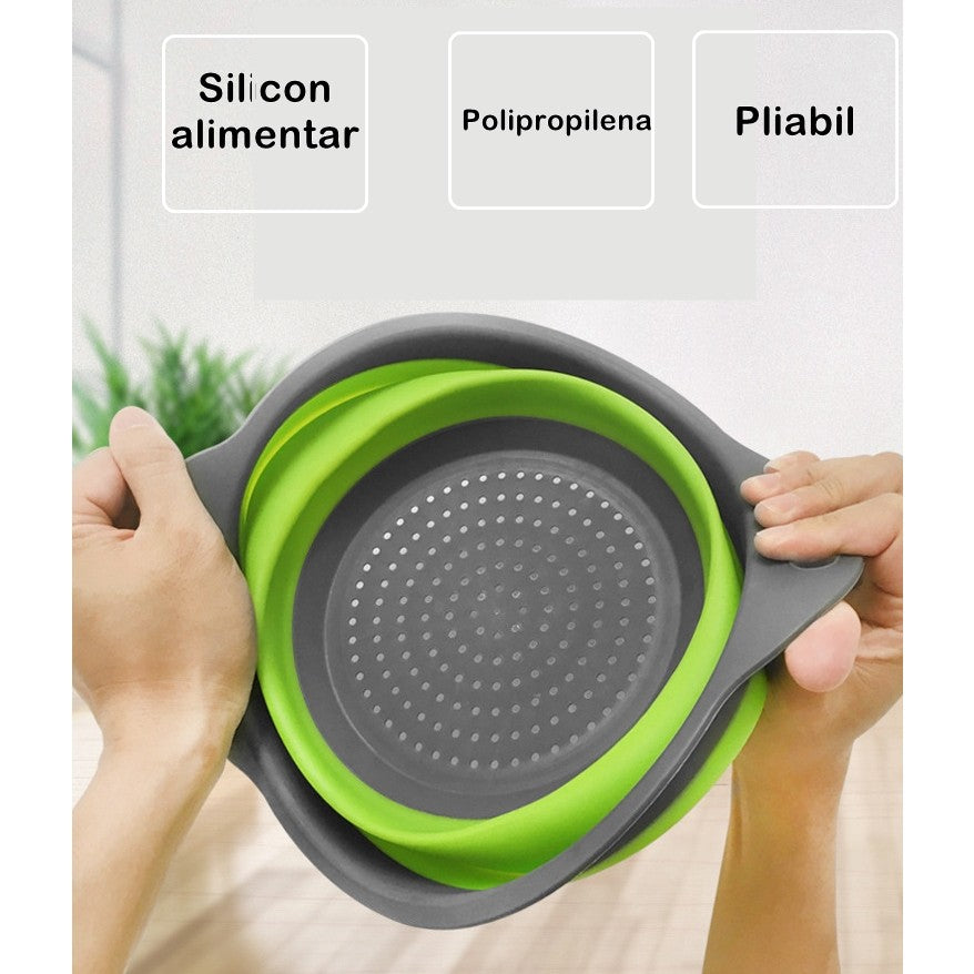 Set 2 strecuratori pliabile din silicon alimentar Vivimall, cu manere, fund antiaderent si antialunecare, rotunda, doua dimensiuni, usor de depozitat, compatibil cu masina de spalat vase, verde - vivimall.ro