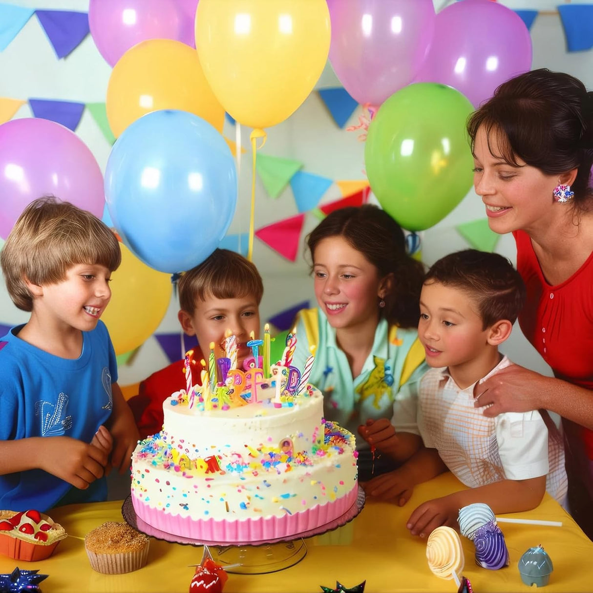 Set 25 Baloane din Latex, Vivimall, Model Party, 4x Albastru, 4x Verde, 4x Rosu, 4x Galben, 4x Mov, 5x Portocaliu, 23 cm, 1.4 g - vivimall.ro