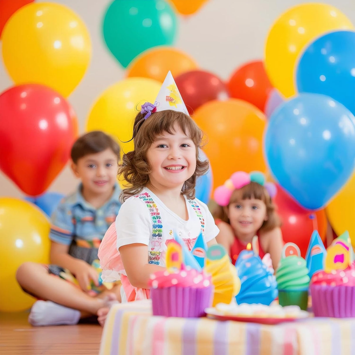 Set 25 Baloane din Latex, Vivimall, Model Party, 4x Albastru, 4x Verde, 4x Rosu, 4x Galben, 4x Mov, 5x Portocaliu, 23 cm, 1.4 g - vivimall.ro