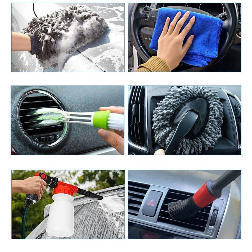 Set 26 Accesorii pentru Curatare Auto, Vivimall, din PP si Microfibra, Interior/Exterior, 30.5 x 27.5 x 16 cm, Galben/Negru - vivimall.ro