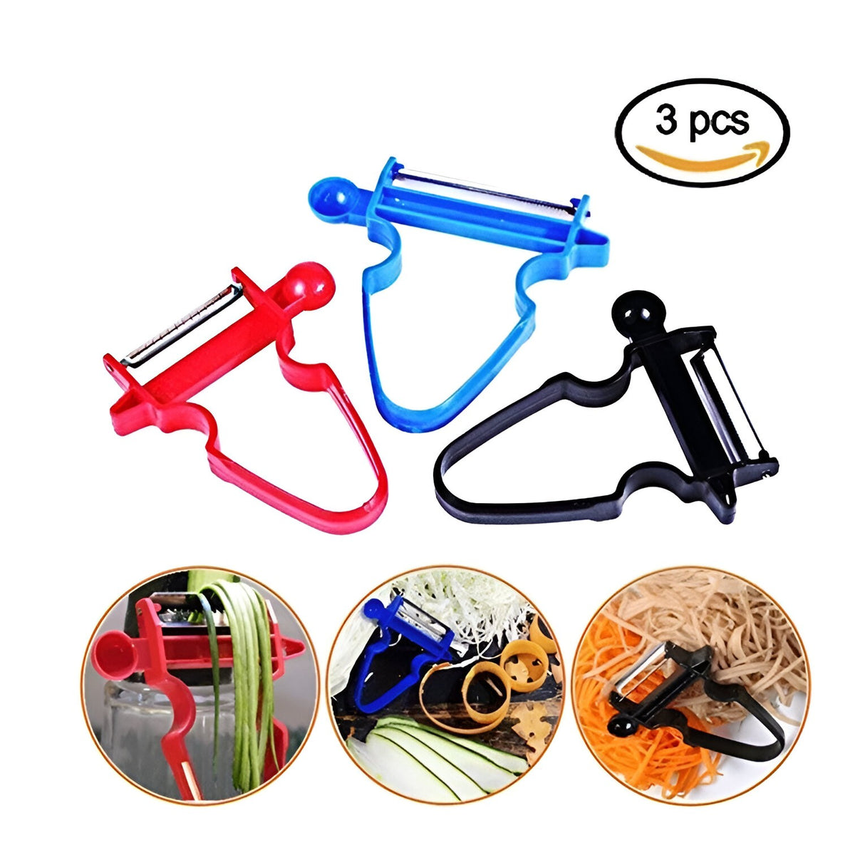 Set 3 Accesorii de Decojire, Razuire si Feliere, Vivimall, pentru Legume si Fructe, Negru-Rosu-Albastru - vivimall.ro