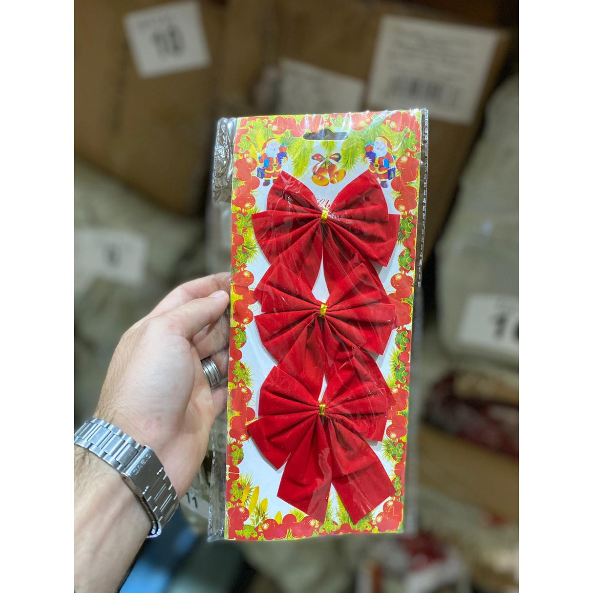 Set 3 fundite pentru brad, Rosii, design cu linii aurii , 11 x 14 cm, din poliester, Vivimall - vivimall.ro