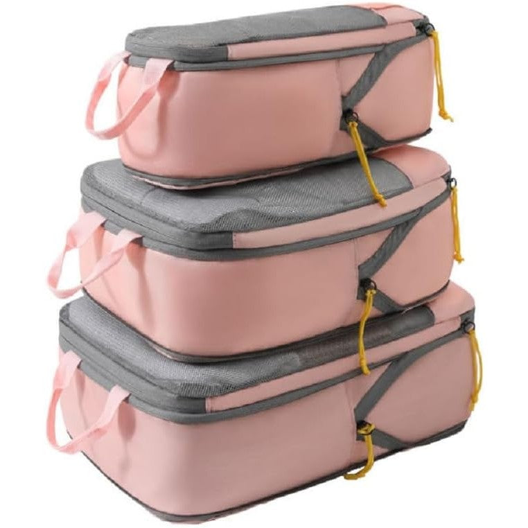 Set 3 Genti de Calatorie Vivimall, Pentru Depozitare, Compresibile, 3 Dimensiuni, Mic, Mediu, Mare, Impermeabile, Fermoar Dublu, Roz - vivimall.ro