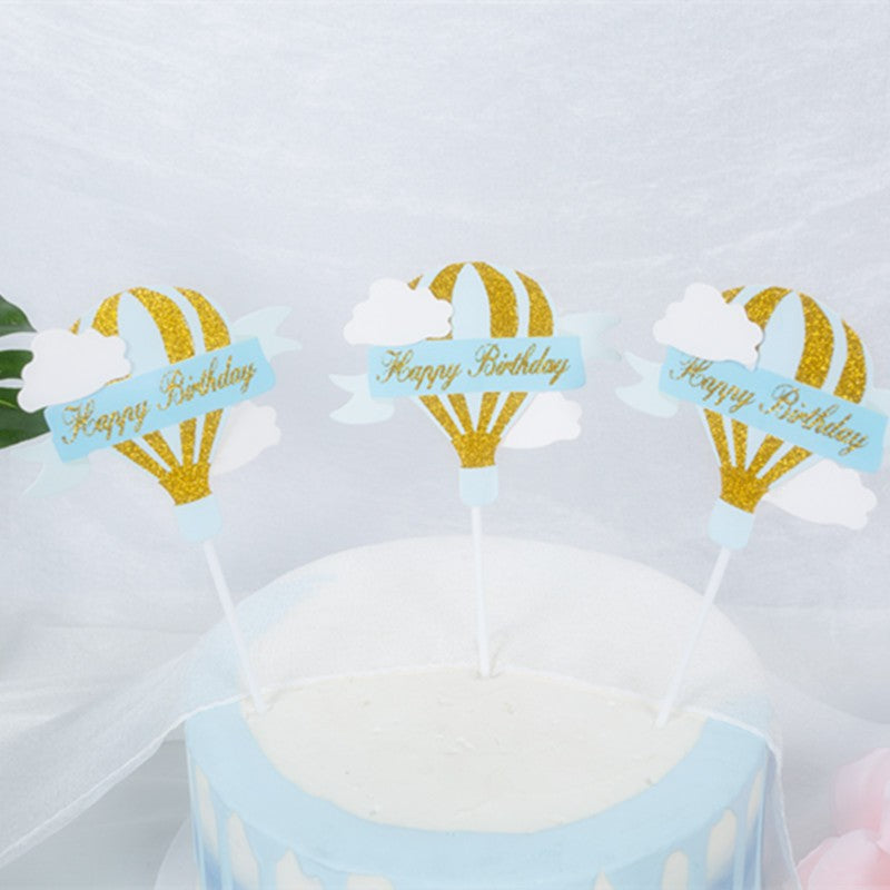 Set 3 Toppere pentru Tort, Vivimall, Model Balon cu Aer Cald Happy Birthday, Tematica Aniversare, Albastru - vivimall.ro