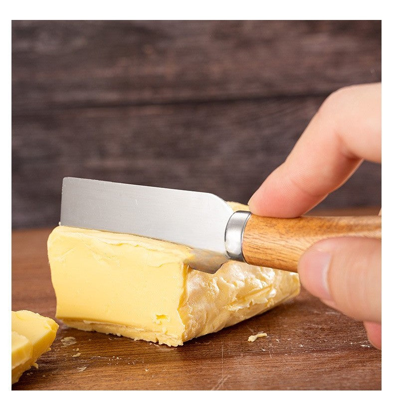Set 4 cutite pentru branza Vivimall, din otel inoxidabil, maner din lemn de salcam, pentru branza sau unt, 15 x 6.3 x 3 cm, argintiu - vivimall.ro