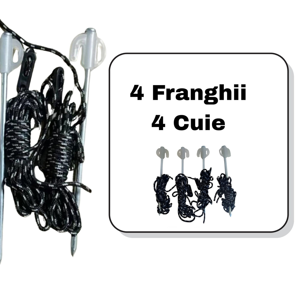 Detaliu cuie metalice și frânghii Flippy pentru fixare cort tip pavilion în sol, set complet negru și alb