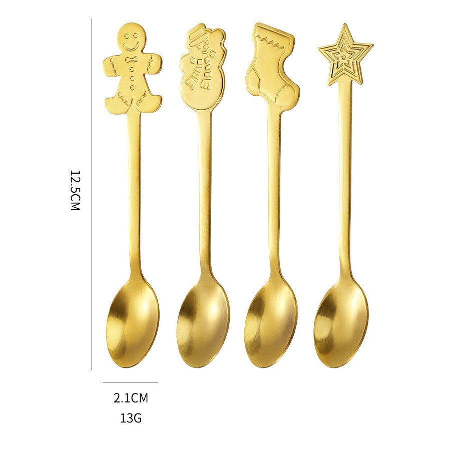 Set 4 Lingurite, Flippy, Tema Craciun, din Otel Inoxidabil, 4 Modele Festive, Cutie Cadou, 14 x 14 x 2.5 cm, Auriu - vivimall.ro