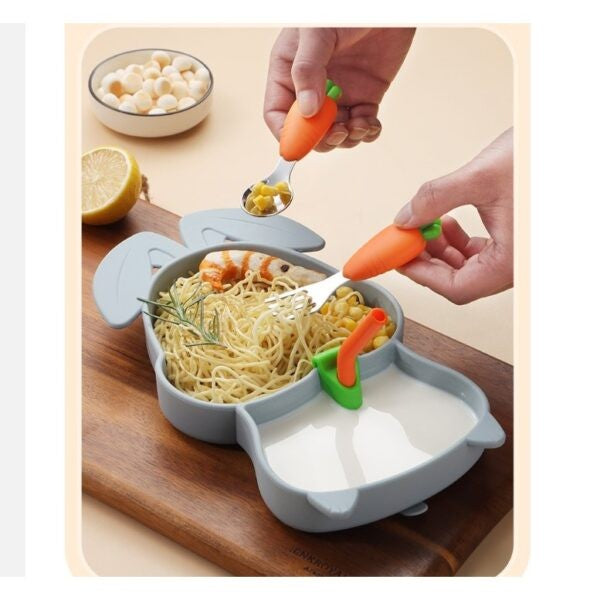 Set 4 Piese Diversificare Bebelusi, Vivimall, din Silicon, Model Iepure si Morcovii, 29 x 18 x 1.5 cm, Fara BPA, Multicolor - vivimall.ro