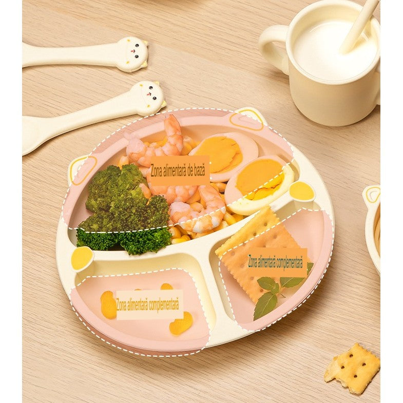 Set 4 Piese Hranire Bebelusi si Copii, Vivimall, din Silicon, fara BPA, de la 12 Luni, Model Pisicuta, 28 x 26 x 2 cm, Bej - vivimall.ro