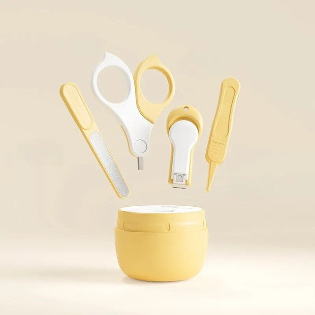 Set 4 Piese Ingrijire Unghii Bebelusi, Vivimall, din ABS+Otel Inoxidabil, Cutie de Depozitare Tip Maimuta, de la 0 Luni, Galben - vivimall.ro