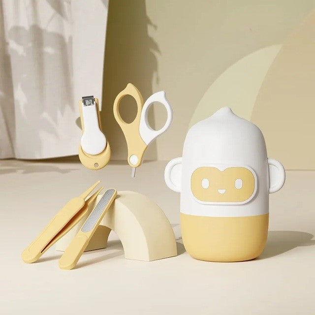 Set 4 Piese Ingrijire Unghii Bebelusi, Vivimall, din ABS+Otel Inoxidabil, Cutie de Depozitare Tip Maimuta, de la 0 Luni, Galben - vivimall.ro