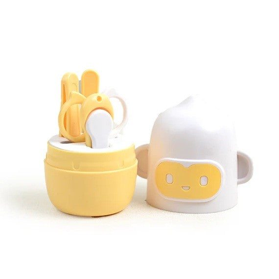 Set 4 Piese Ingrijire Unghii Bebelusi, Vivimall, din ABS+Otel Inoxidabil, Cutie de Depozitare Tip Maimuta, de la 0 Luni, Galben - vivimall.ro