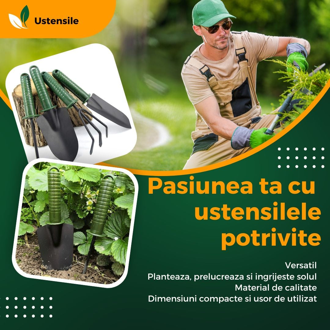Set 4 Unelte de Gradina Vivimall, pentru Plantare Prelucrare Sol si Ingrijire Plante, Material PVC si cardboard, 25 x 8.5 cm, verde - vivimall.ro