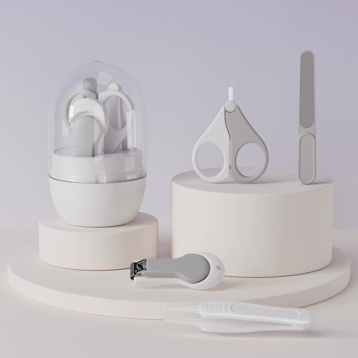 Set 4in1 de Ingrijire Unghii pentru Bebelusi, Vivimall, Cutie de Depozitare Tip Borcan, 0-6 Ani, 10 x 7 x 6 cm, Alb/Gri - vivimall.ro