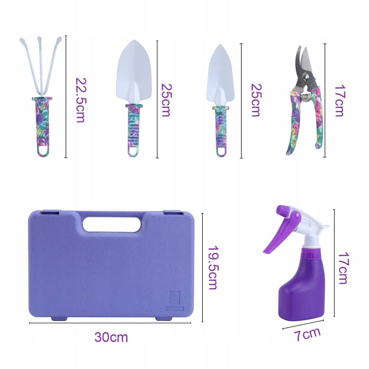 Set 5 accesorii pentru gradinarit Vivimall, geanta depozitare inclusa, otel inoxidabil, 38 x 29 cm, mov - vivimall.ro