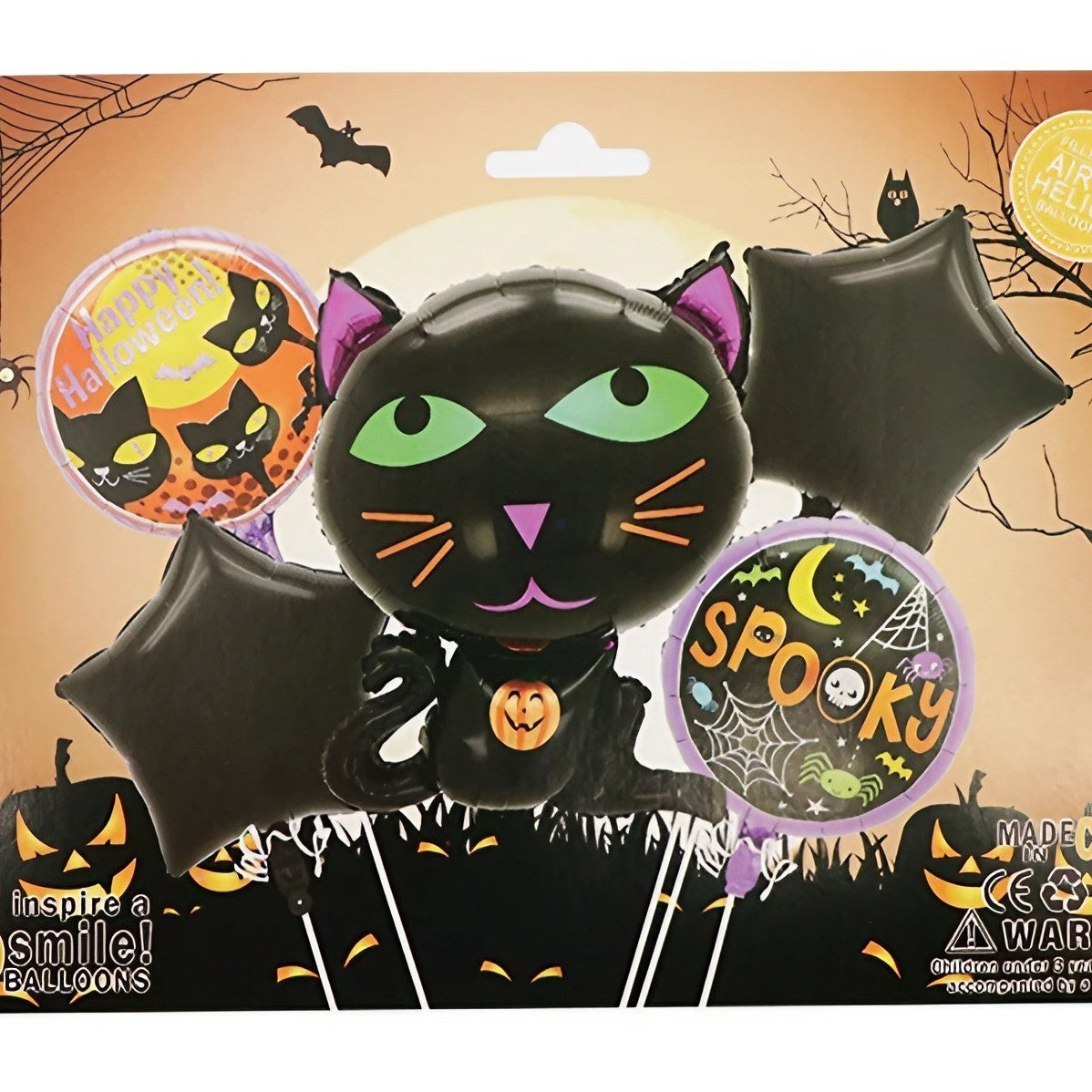 Set 5 Baloane din Folie Metalizata, Vivimall, Figurine, Tema Halloween, Pai Inclus, Ambalaj Individual, Umflare cu Aer sau Heliu, Figurina Pisica 65x49 cm, Stelute si Cerculete 45 cm, Negru - vivimall.ro