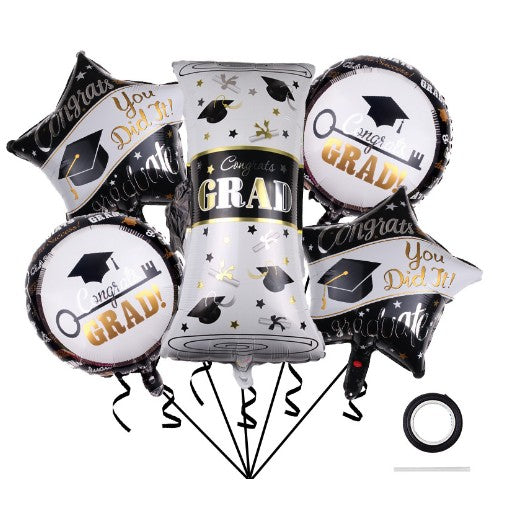 Baloane cu tematica Absolvire, Vivimall, set din 5 baloane, 1 Figurina Diploma, 2 stele, 2 rotunde, din folie de aluminiu, 70 x 40 cm, Aer si Heliu, Alb Negru - vivimall.ro