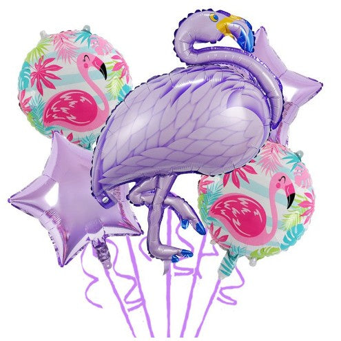 Baloane aniversare Flamingo Party, Vivimall, din Folie de aluminiu si Latex, set din 5 baloane, 1 Flamingo, 2 Stele, 2 rotunde, 60 x 90 cm, Adeziv si pai inclus Mov - vivimall.ro