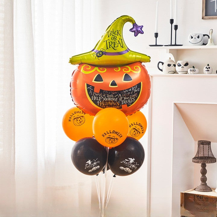 Set 5 Baloane din Folie Metalizata, Vivimall, Figurine, Tema Halloween, Pai Inclus, Ambalaj Individual, Umflare cu Aer sau Heliu, Figurina Dovleac 54x87 cm, Stelute si Cerculete 45 cm, Multicolor - vivimall.ro