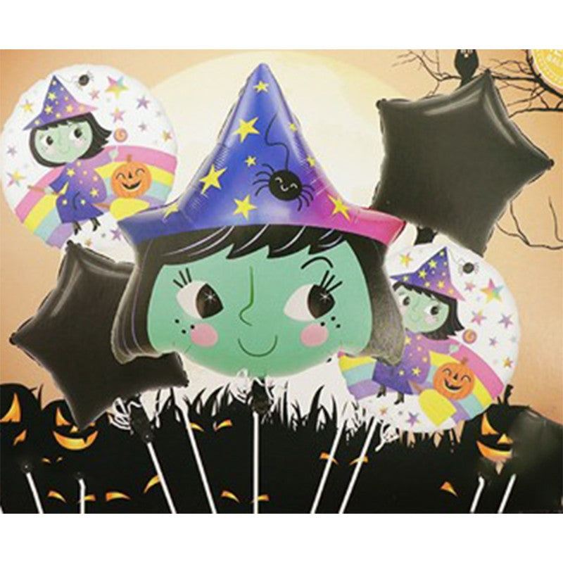 Baloane Halloween, Vivimall, set din 5 Baloane, 1 Little Witch Halloween, 2 stele negre, 2 baloane rotunde multicolore, din folie de aluminiu, 30- 40 cm, pai de carton inclus, Multicolor - vivimall.ro
