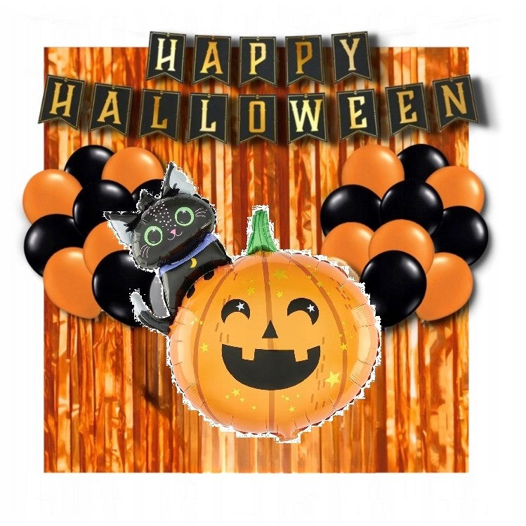 Set 5 Baloane din Folie Metalizata, Vivimall, Figurine, Tema Halloween, Pai Inclus, Ambalaj Individual, Umflare cu Aer sau Heliu, Figurina Dovleac si Pisica 84x69 cm, Stelute si Cerculete 45 cm, Multicolor - vivimall.ro