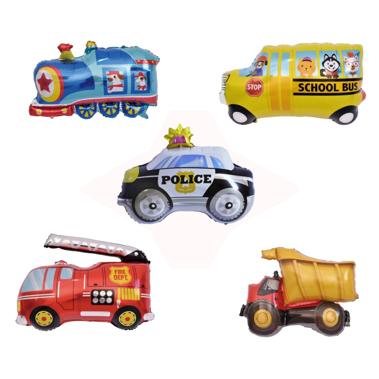 Set 5 Baloane Folie Metalizata, Vivimall, Figurine Masini, 30 cm, Ambalaj Individual, Pai inclus, Umflare cu Aer sau Heliu, Multicolor - vivimall.ro