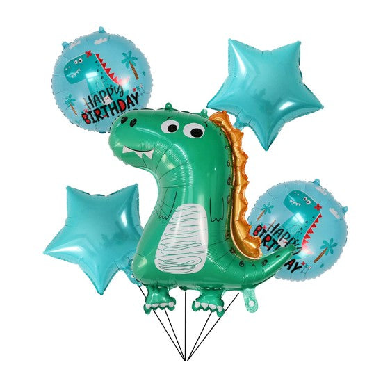 Set 5 Baloane folie de aluminiu, Vivimall, Figurina Dinozaur, pentru aniversare HAPYY BIRTHDAY, Stelute Albastre si Baloane Albastre, 50 - 70 cm - vivimall.ro
