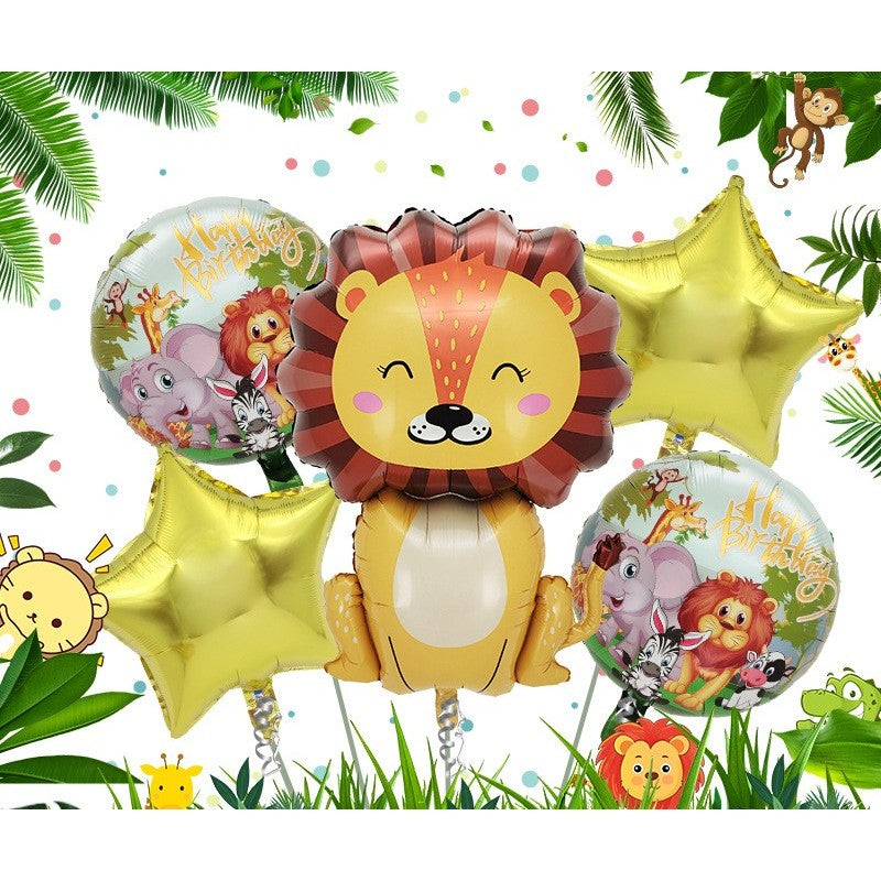 Set 5 Baloane din Folie Metalizata, Vivimall, Figurine, Tema Aniversare Jungla, Pai Inclus, Ambalaj Individual, Umflare cu Aer sau Heliu, Figurina Leu 69.5x101 cm, Stelute si Cerculete 45 cm, Multicolor - vivimall.ro