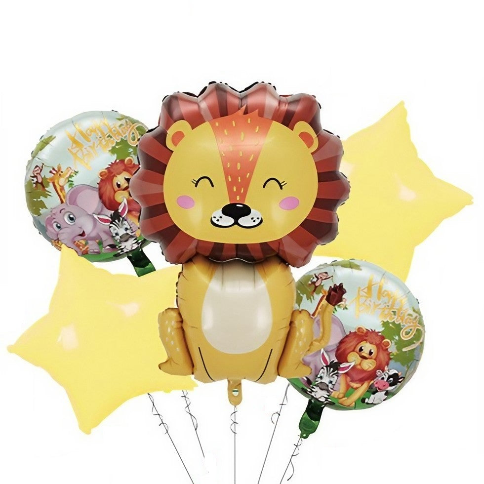 Set 5 Baloane din Folie Metalizata, Vivimall, Figurine, Tema Aniversare Jungla, Pai Inclus, Ambalaj Individual, Umflare cu Aer sau Heliu, Figurina Leu 69.5x101 cm, Stelute si Cerculete 45 cm, Multicolor - vivimall.ro