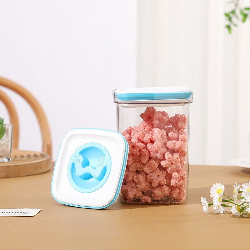 Set 5 Cutii de Depozitare pentru Bucatarie, Vivimall, 2 x 600ml, 2 x 1.3L, 1 x 2L, din ABS+PET+Silicon, Capac Alb/Albastru, 23 x 10 x 10 cm, Transparent - vivimall.ro