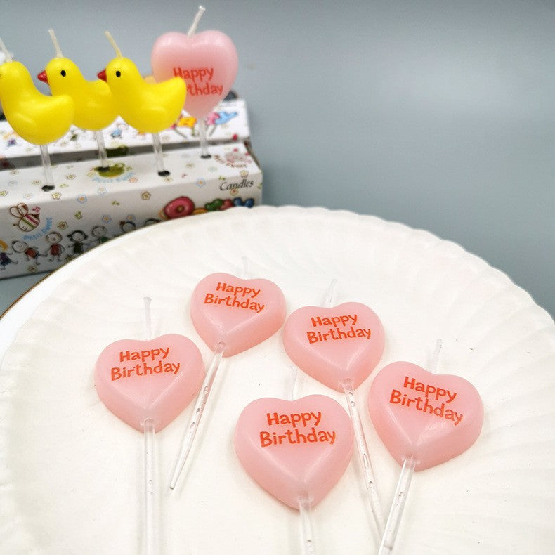 Set 5 Lumanari de Tort, Vivimall, Model Inima, Text Happy Birthday, 2.5 x 2.5 cm, din Ceara, Multicolor - vivimall.ro