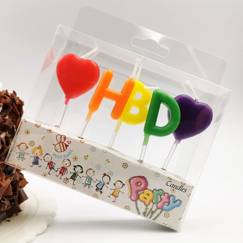 Set 5 Lumanari de Tort, Vivimall, Model Inimi, Litere HBD, 1.8 x 2.7 cm, din Ceara, Multicolor - vivimall.ro