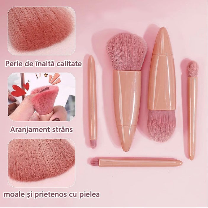 Set 5 Mini Pensule de Machiaj, Vivimall, Portabile, in Carcasa cu Oglinda, din Par Sintetic Moale, Roz Pastel, 12x7x2.5 cm - vivimall.ro