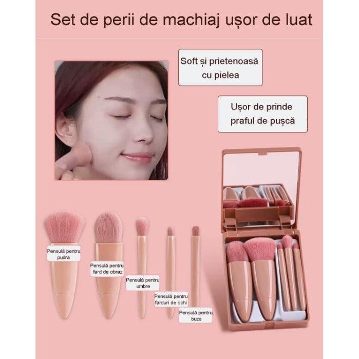 Set 5 Mini Pensule De Machiaj, Portabile, In Carcasa Cu Oglinda, Din Par Sintetic Moale, Roz Pastel, 12X7X2.5 Cm - vivimall.ro