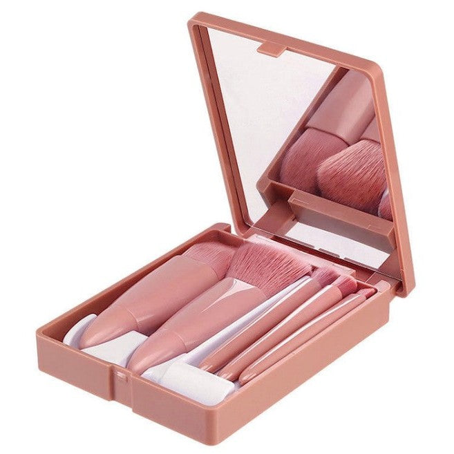 Set 5 Mini Pensule de Machiaj, Vivimall, Portabile, in Carcasa cu Oglinda, din Par Sintetic Moale, Roz Pastel, 12x7x2.5 cm - vivimall.ro