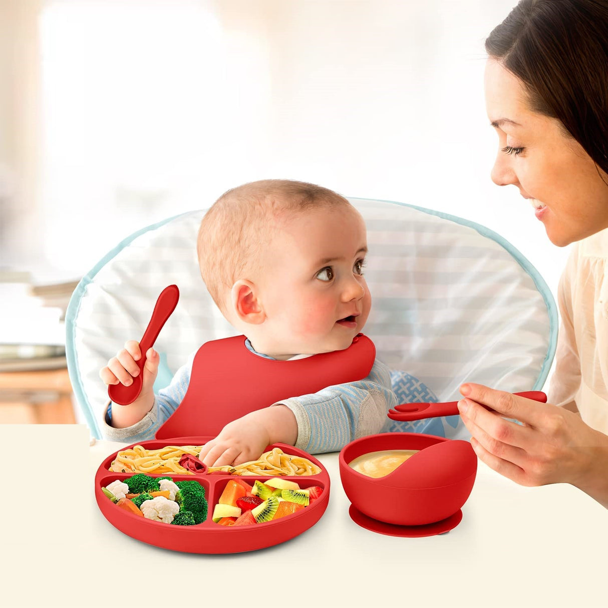 Set 5 piese diversificare bebelusi si copii din silicon Vivimall, baveta, farfurie compartimentata cu ventuza, bol cu ventuza, tacamuri, fara alergeni, rosu - vivimall.ro