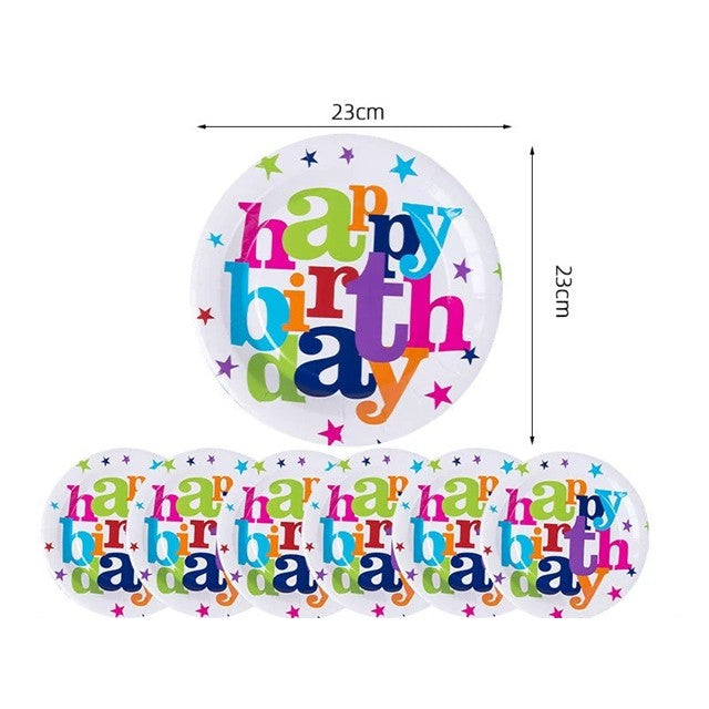 Set 6 Farfurii Unica Folosinta, Vivimall, Imprimeu Happy Birthday, din Carton, Diametru 23 cm, Multicolor - vivimall.ro