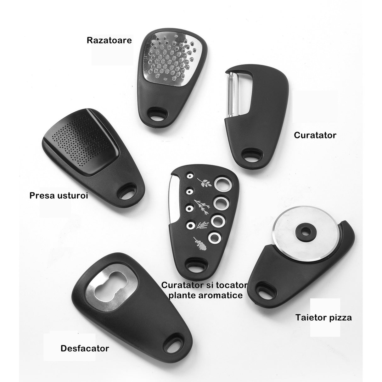 Set 6 in 1 mini ustensile bucatarie Vivimall, taietor pizza, cutit, curatator, razatoare, desfacator, presa usturoi, manere din ABS, lame ascutite din otel inoxidabil, 7.1 x 12.9 x 4.8 cm, negru - vivimall.ro