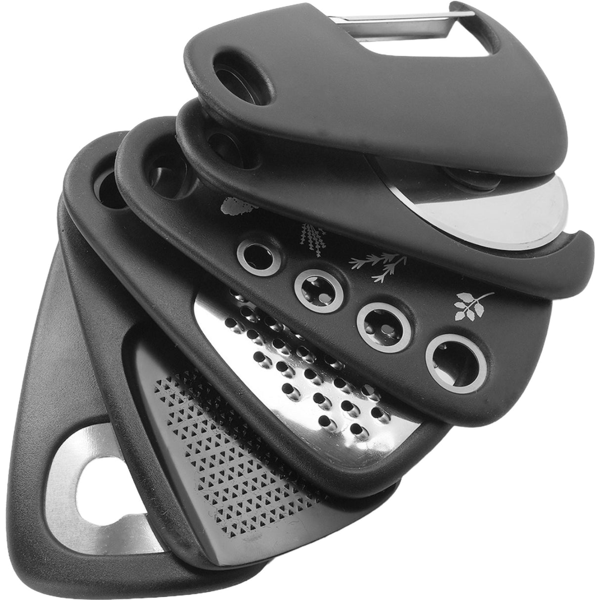 Set 6 in 1 mini ustensile bucatarie Vivimall, taietor pizza, cutit, curatator, razatoare, desfacator, presa usturoi, manere din ABS, lame ascutite din otel inoxidabil, 7.1 x 12.9 x 4.8 cm, negru - vivimall.ro