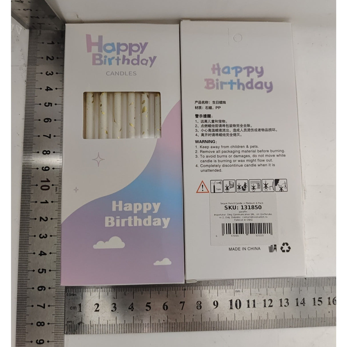 Set 6 Lumanari Lungi, Vivimall, din Parafina, 10 x 0.5 cm, Happy Birthday, Alb/Auriu - vivimall.ro