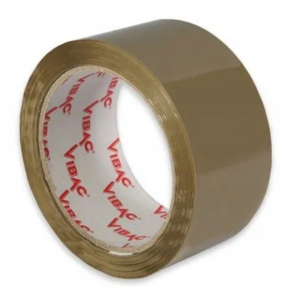 Rolă bandă adezivă Vibac solvent maro, detaliu eticheta cu specificații tehnice 48 mm x 60 m