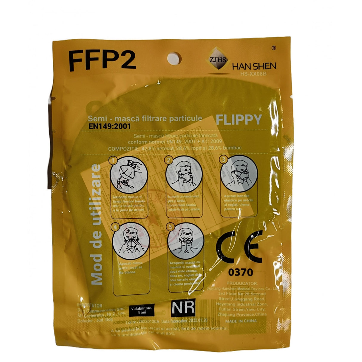 Set 60 bucati Masca de protectie faciala, Flippy, de unica folosinta pentru adulti, FFP2, KN95 CE 0370, 5 straturi, nesterila, ambalaj individual, Negru - vivimall.ro