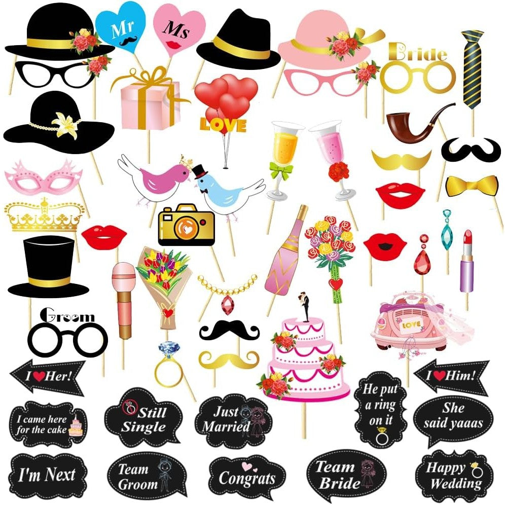 Set 60 de Accesorii pentru Petrecere, Vivimall, Tematica Nunta, Props pentru Coltul de Poze, Ochelari, Palarii, Mustata, Cravata, pentru Evenimente, Multicolor - vivimall.ro