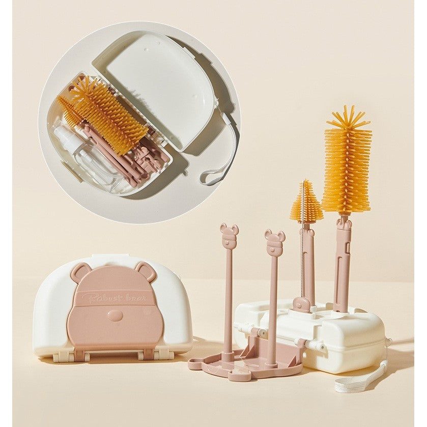 Set 7 Piese de Spalat/Uscat Biberoane, Vivimall, Portabil, Peri de Silicon, pentru Tetine, Suzete, Biberoane, Paie, Cutie Inclusa, 16 x 11 x 5 cm, Model Ursulet, Maro - vivimall.ro