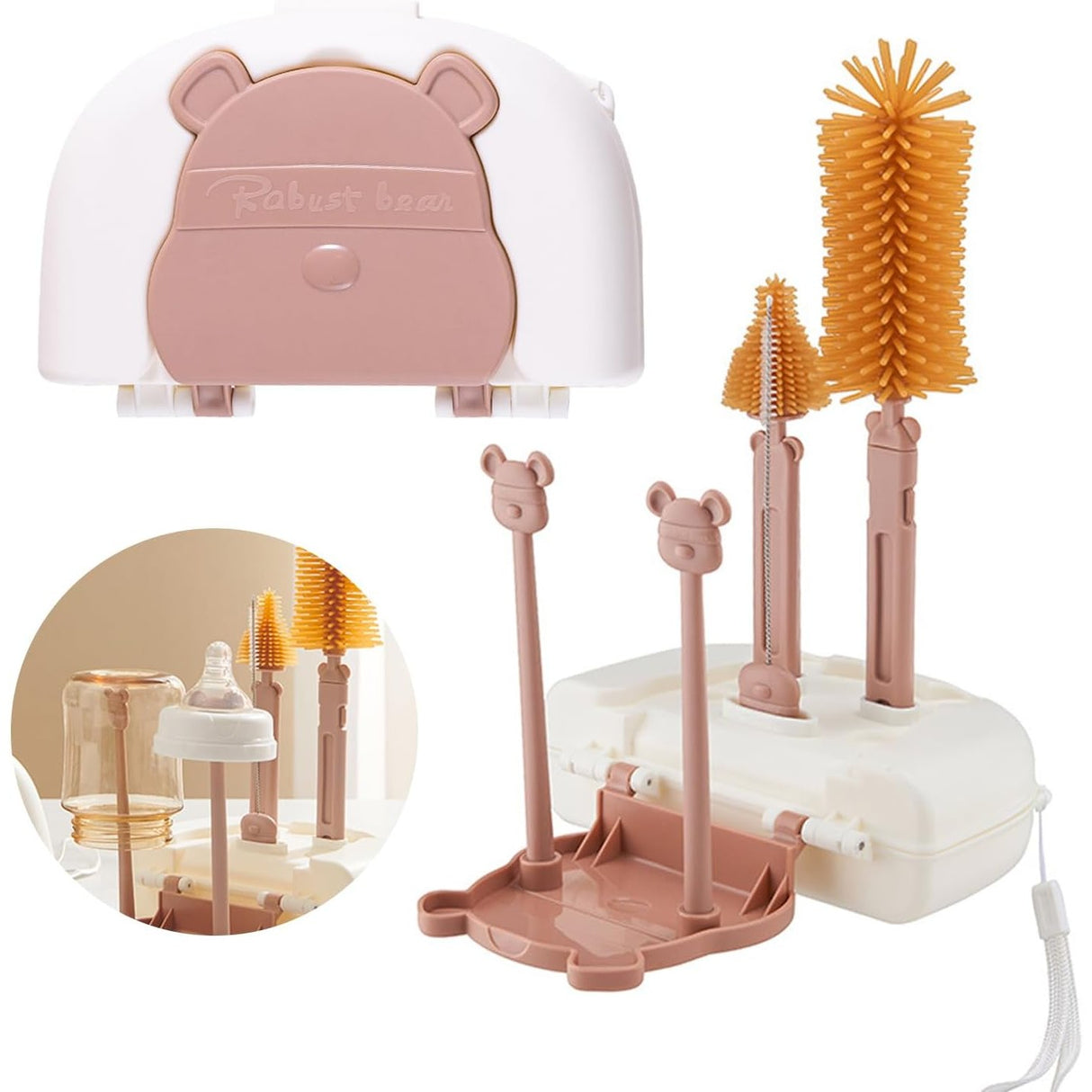 Set 7 Piese de Spalat/Uscat Biberoane, Vivimall, Portabil, Peri de Silicon, pentru Tetine, Suzete, Biberoane, Paie, Cutie Inclusa, 16 x 11 x 5 cm, Model Ursulet, Maro - vivimall.ro