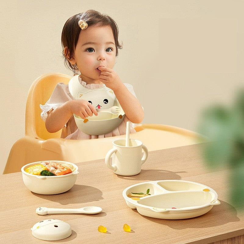 Set 7 Piese Hranire Bebelusi si Copii, Vivimall, din Silicon, fara BPA, de la 12 Luni, Model Pisicuta, 30 x 25 x 6 cm, Bej - vivimall.ro