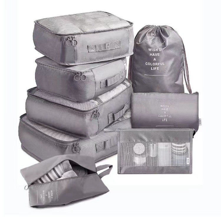 Set 8 Huse Organizare Bagaj, Material Poliester, Impermeabil, Cu Fermoar, Pentru Calatorii Sau Dulap, Sac Pentru Pantofi Inclus, Pliabil, Gri - vivimall.ro
