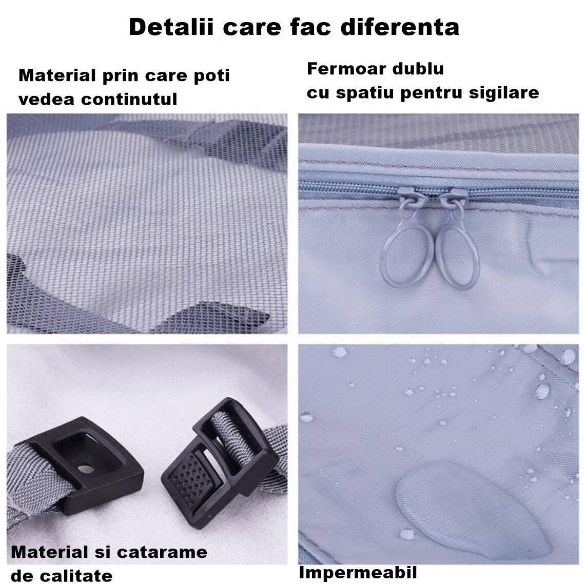 Set 8 huse organizare bagaj Vivimall, material poliester, impermeabil, cu fermoar, pentru calatorii sau dulap, sac pentru pantofi inclus, pliabil, gri - vivimall.ro