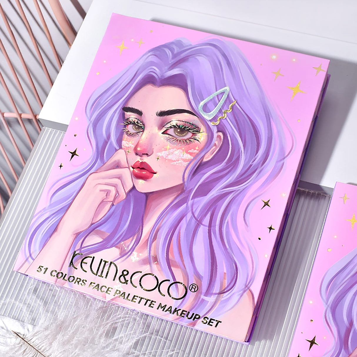 Set 8 Produse de Machiaj, KEVIN & COCO, Violet Fairy, 51 culori, 19.5 x 24.5 x 2.5 cm - vivimall.ro