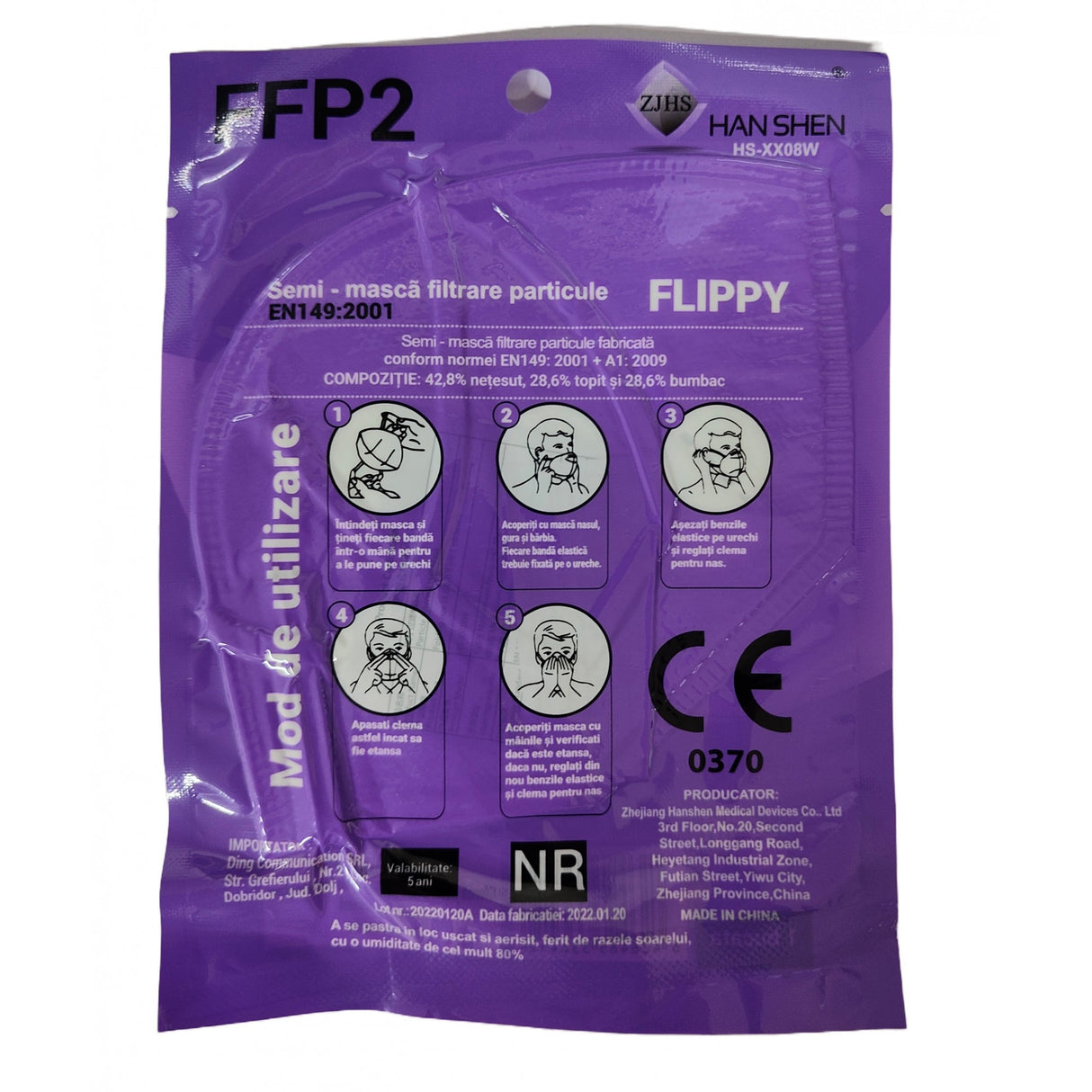Set 800 bucati Masca de protectie faciala, Flippy, de unica folosinta pentru adulti, FFP2, KN95 CE 0370, 5 straturi, nesterila, ambalaj individual, Alb - vivimall.ro